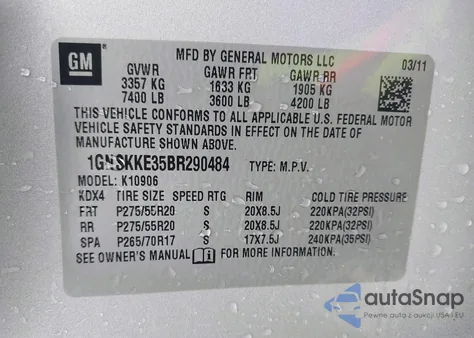 2011 Chevrolet Suburban 1500 Ltz from USA, damaged, VIN 1GNSKKE35BR290484